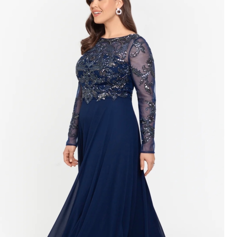 NWT Long mesh sleeve,beaded,chiffon navy Xscape  “mother of the bride” 10P 14P